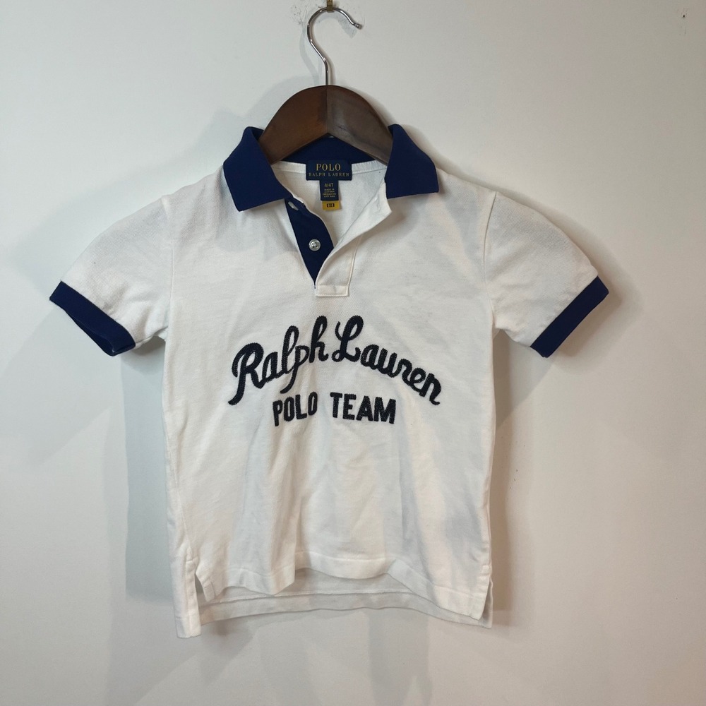Polo Ralph Lauren Kids White Navy Blue Polo Team Embroidered Shirt 4 4T - 116